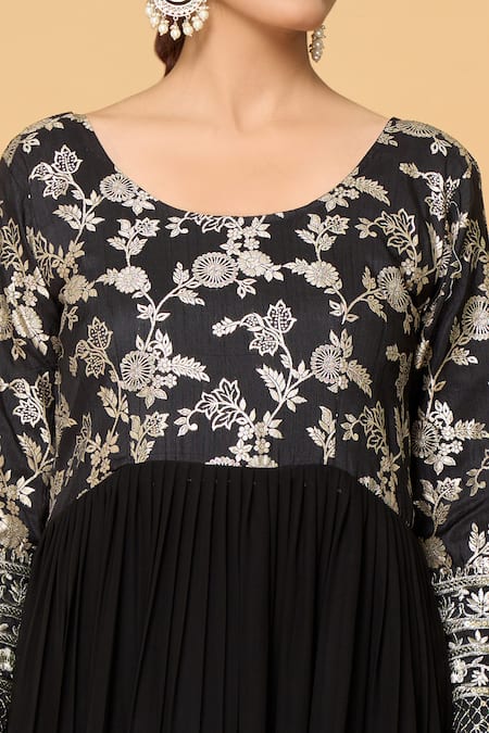 Samyukta Singhania_Black Faux Leather, Viscose, Cotton Gardenia Bloom Tiered Anarkali With Dupatta _at_Aza_Fashions