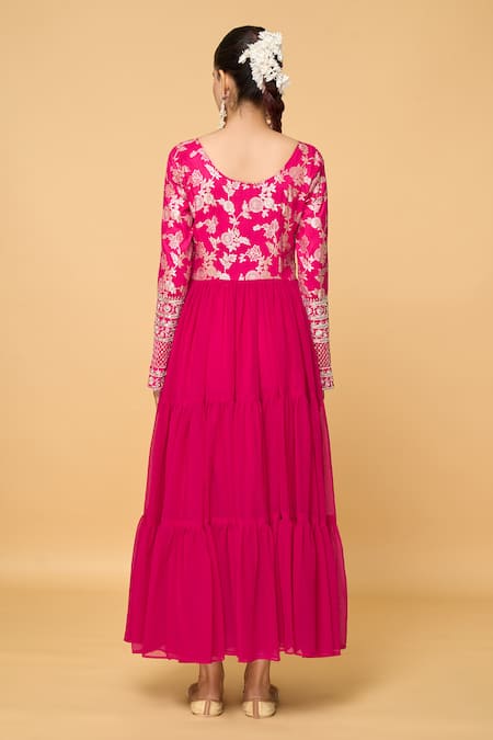 Shop Samyukta Singhania Pink Faux Leather, Viscose Sequins, Bahar Blossom Tiered Anarkali With Dupatta at Aza Fashions Shop_Samyukta Singhania_Pink Faux Leather, Viscose Sequins, Bahar Blossom Tiered Anarkali With Dupatta _at_Aza_Fashions