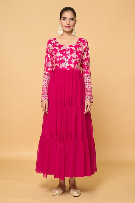 Buy Samyukta Singhania Pink Faux Leather, Viscose Sequins, Bahar Blossom Tiered Anarkali With Dupatta Online at Aza Fashions Buy_Samyukta Singhania_Pink Faux Leather, Viscose Sequins, Bahar Blossom Tiered Anarkali With Dupatta _Online_at_Aza_Fashions