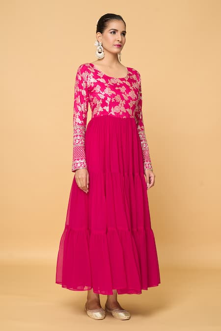 Shop Samyukta Singhania Pink Faux Leather, Viscose Sequins, Bahar Blossom Tiered Anarkali With Dupatta Online at Aza Fashions Shop_Samyukta Singhania_Pink Faux Leather, Viscose Sequins, Bahar Blossom Tiered Anarkali With Dupatta _Online_at_Aza_Fashions