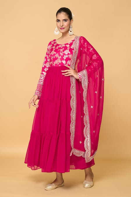 Samyukta Singhania Pink Faux Leather, Viscose Sequins, Bahar Blossom Tiered Anarkali With Dupatta at Aza Fashions Samyukta Singhania_Pink Faux Leather, Viscose Sequins, Bahar Blossom Tiered Anarkali With Dupatta _at_Aza_Fashions