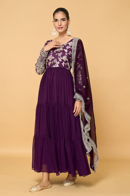 Samyukta Singhania Wine Faux Georgette Bloom Round Bahar Fleur Tiered Anarkali With Dupatta 