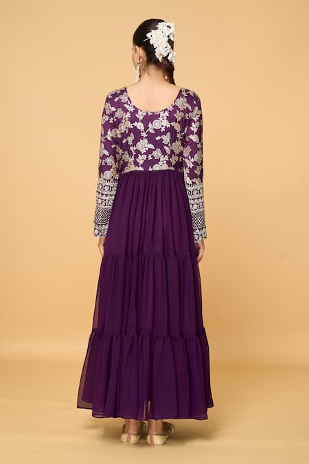 Shop_Samyukta Singhania_Wine Viscose, Cotton, Faux Leather Bahar Fleur Tiered Anarkali With Dupatta _at_Aza_Fashions