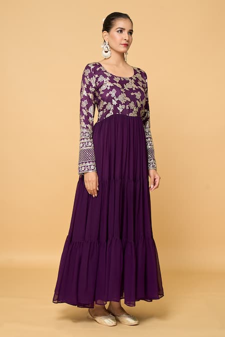 Samyukta Singhania_Wine Viscose, Cotton, Faux Leather Bahar Fleur Tiered Anarkali With Dupatta _Online_at_Aza_Fashions