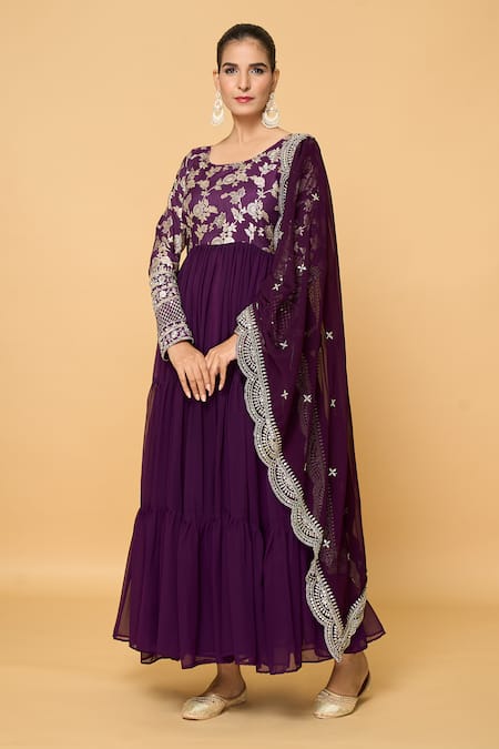 Buy_Samyukta Singhania_Wine Viscose, Cotton, Faux Leather Bahar Fleur Tiered Anarkali With Dupatta _Online_at_Aza_Fashions