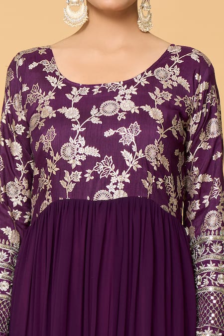 Shop_Samyukta Singhania_Wine Viscose, Cotton, Faux Leather Bahar Fleur Tiered Anarkali With Dupatta _Online_at_Aza_Fashions