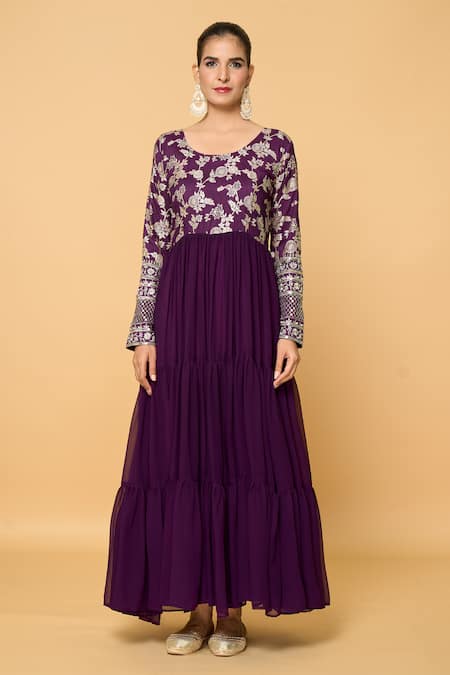 Samyukta Singhania_Wine Viscose, Cotton, Faux Leather Bahar Fleur Tiered Anarkali With Dupatta _at_Aza_Fashions