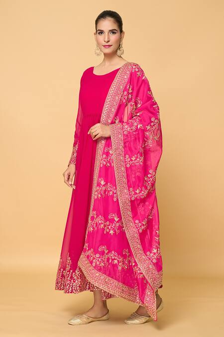 Samyukta Singhania Pink Faux Leather, Cotton Sequins, Zari, Plume Garden Anarkali With Dupatta at Aza Fashions Samyukta Singhania_Pink Faux Leather, Cotton Sequins, Zari, Plume Garden Anarkali With Dupatta_at_Aza_Fashions
