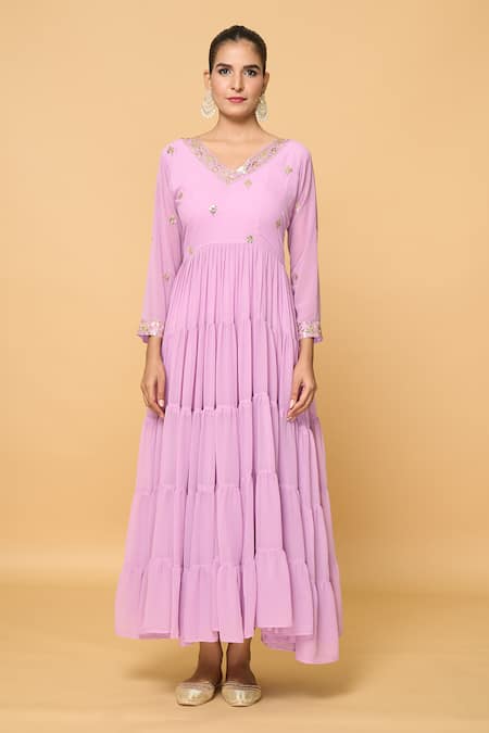 Naintara Bajaj_Purple Faux Leather, Cotton Embroidery, Daisy Tiered Anarkali With Dupatta _Online_at_Aza_Fashions