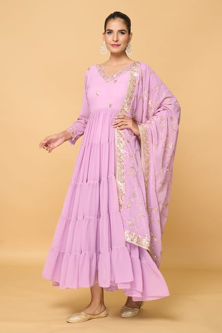 Shop_Naintara Bajaj_Purple Faux Leather, Cotton Embroidery, Daisy Tiered Anarkali With Dupatta _Online_at_Aza_Fashions