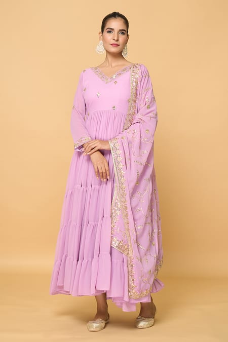 Naintara Bajaj_Purple Faux Leather, Cotton Embroidery, Daisy Tiered Anarkali With Dupatta _at_Aza_Fashions