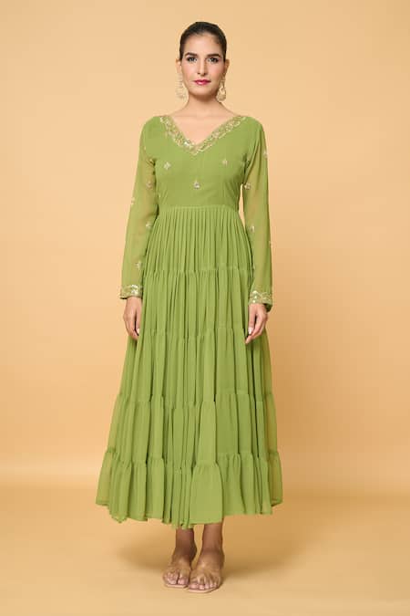 Naintara Bajaj_Green Faux Leather, Cotton Embroidery, Bloom Tiered Anarkali With Dupatta _Online_at_Aza_Fashions