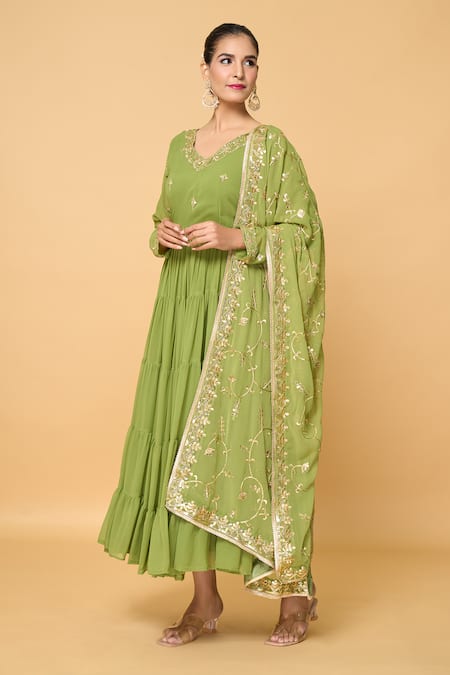 Shop_Naintara Bajaj_Green Faux Leather, Cotton Embroidery, Bloom Tiered Anarkali With Dupatta _Online_at_Aza_Fashions