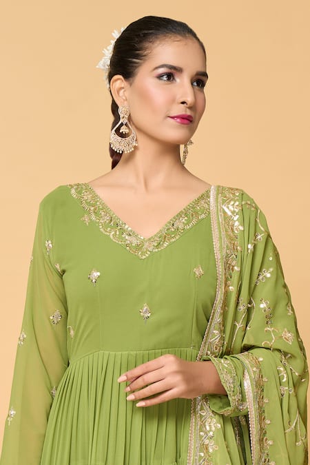 Naintara Bajaj_Green Faux Leather, Cotton Embroidery, Bloom Tiered Anarkali With Dupatta _at_Aza_Fashions
