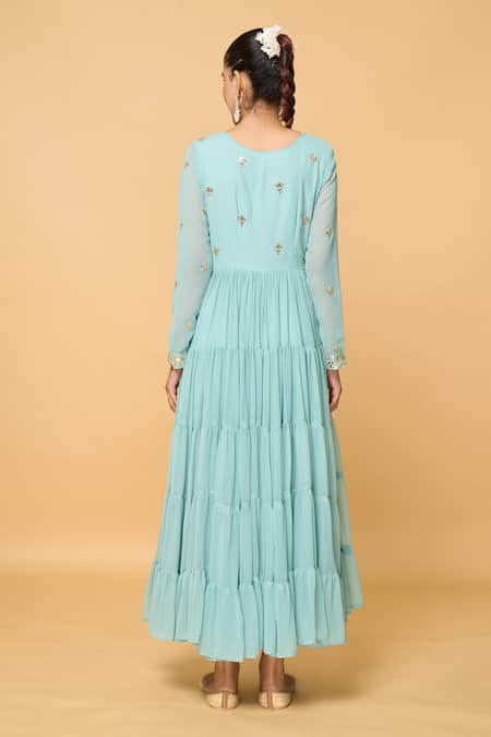 Shop_Naintara Bajaj_Blue Cotton, Faux Leather Phool Bloom Embroidered Tiered Anarkali With Dupatta _at_Aza_Fashions