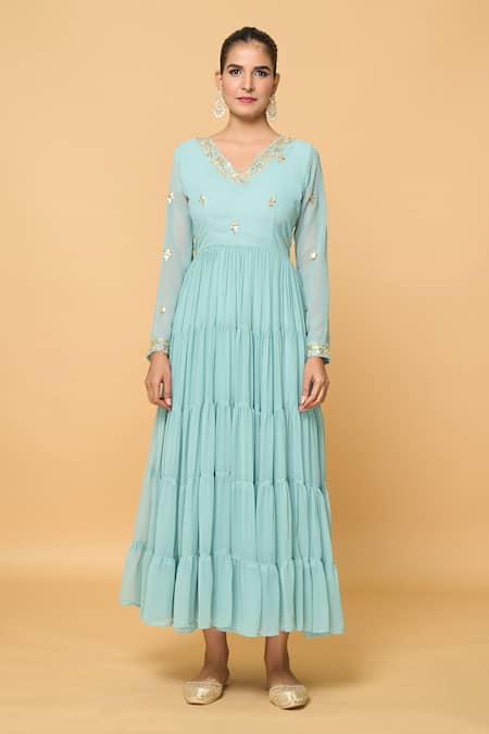 Naintara Bajaj_Blue Cotton, Faux Leather Phool Bloom Embroidered Tiered Anarkali With Dupatta _Online_at_Aza_Fashions