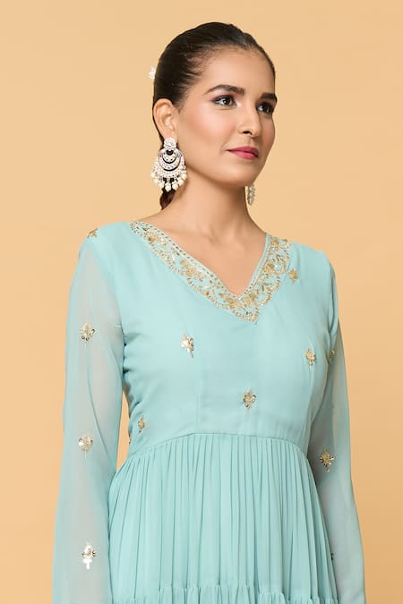 Buy_Naintara Bajaj_Blue Cotton, Faux Leather Phool Bloom Embroidered Tiered Anarkali With Dupatta _Online_at_Aza_Fashions
