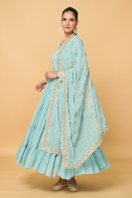Shop_Naintara Bajaj_Blue Cotton, Faux Leather Phool Bloom Embroidered Tiered Anarkali With Dupatta _Online_at_Aza_Fashions