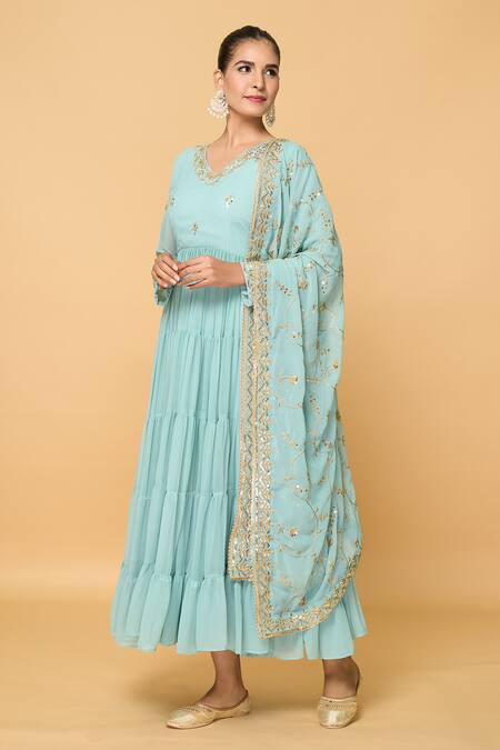 Naintara Bajaj_Blue Cotton, Faux Leather Phool Bloom Embroidered Tiered Anarkali With Dupatta _at_Aza_Fashions