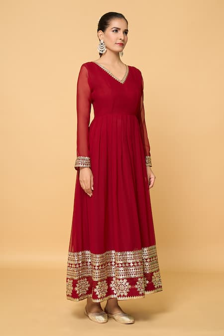 Samyukta Singhania_Maroon Faux Leather, Cotton Sequins, Florin Embroidered Anarkali With Dupatta_Online_at_Aza_Fashions