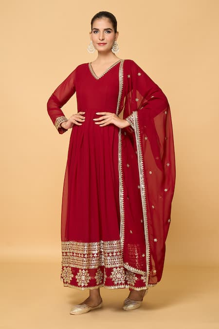Shop_Samyukta Singhania_Maroon Faux Leather, Cotton Sequins, Florin Embroidered Anarkali With Dupatta_Online_at_Aza_Fashions