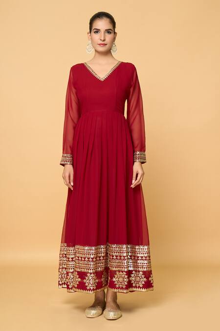 Samyukta Singhania_Maroon Faux Leather, Cotton Sequins, Florin Embroidered Anarkali With Dupatta_at_Aza_Fashions