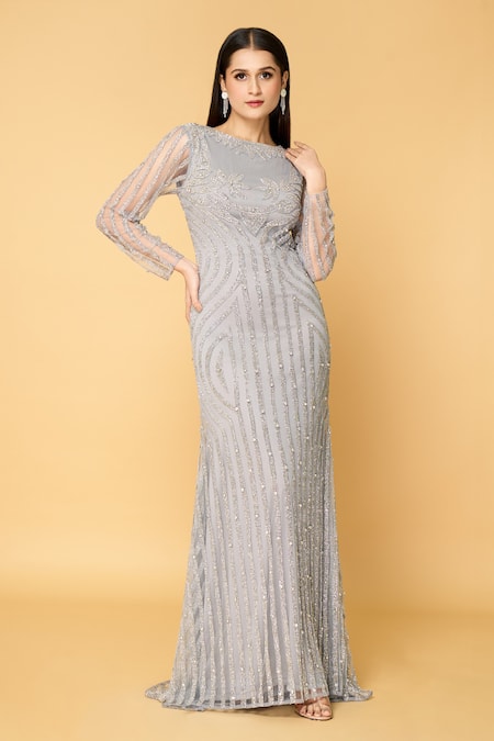 Samyukta Singhania Grey Tulle Embroidered Sequin High Mist Bead Gown 