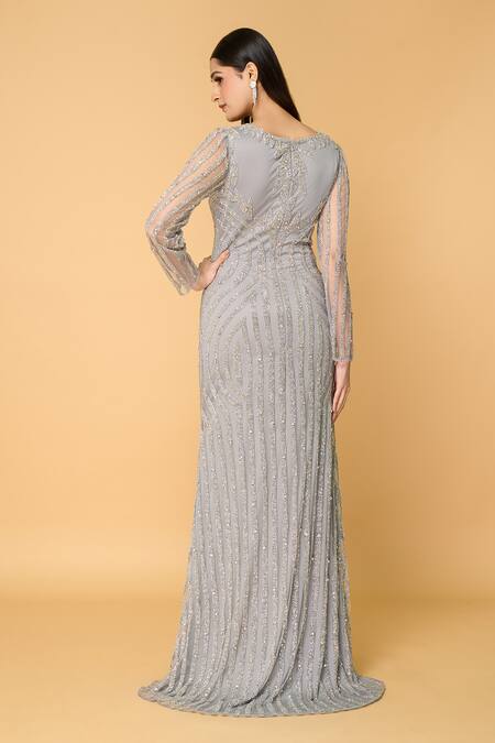 Shop Samyukta Singhania Grey Tulle, Polyester Sequins, Beads High Neck Mist Embroidered Gown at Aza Fashions Shop_Samyukta Singhania_Grey Tulle, Polyester Sequins, Beads High Neck Mist Embroidered Gown_at_Aza_Fashions