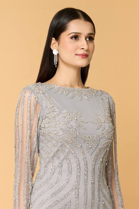 Shop Samyukta Singhania Grey Tulle, Polyester Sequins, Beads High Neck Mist Embroidered Gown Online at Aza Fashions Shop_Samyukta Singhania_Grey Tulle, Polyester Sequins, Beads High Neck Mist Embroidered Gown_Online_at_Aza_Fashions
