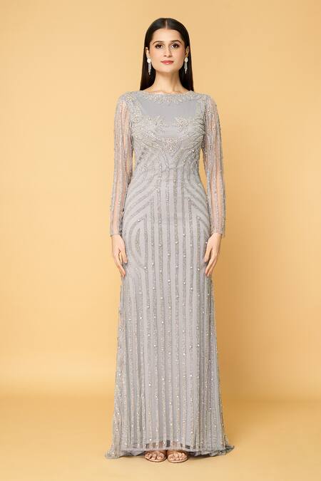 Samyukta Singhania Grey Tulle, Polyester Sequins, Beads High Neck Mist Embroidered Gown at Aza Fashions Samyukta Singhania_Grey Tulle, Polyester Sequins, Beads High Neck Mist Embroidered Gown_at_Aza_Fashions