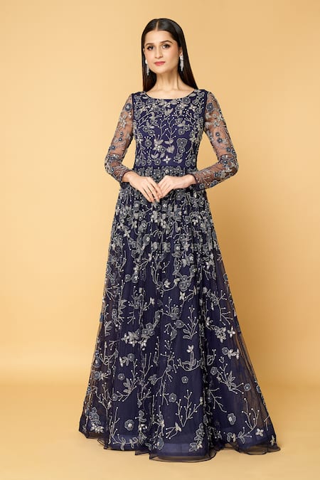 Khwaab by Sanjana Lakhani Blue Tulle Hand Work Cutdana Round Star Dust Soiree Embroidered Gown