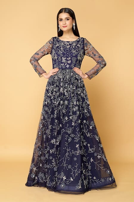 Samyukta Singhania_Blue Tulle, Polyester Cut Work, Beads, Star Dust Soiree Hand Embroidered Gown_Online_at_Aza_Fashions