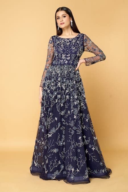Buy_Samyukta Singhania_Blue Tulle, Polyester Cut Work, Beads, Star Dust Soiree Hand Embroidered Gown_Online_at_Aza_Fashions