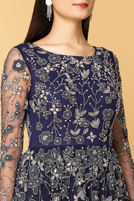 Shop_Samyukta Singhania_Blue Tulle, Polyester Cut Work, Beads, Star Dust Soiree Hand Embroidered Gown_Online_at_Aza_Fashions