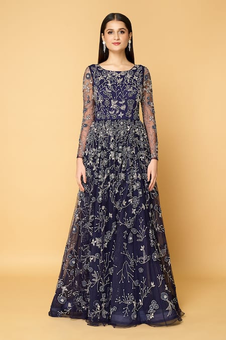 Samyukta Singhania_Blue Tulle, Polyester Cut Work, Beads, Star Dust Soiree Hand Embroidered Gown_at_Aza_Fashions