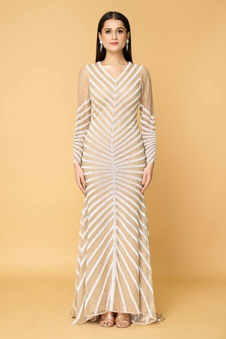 Samyukta Singhania_Beige Tulle, Polyester Cut Work, Sequins, Beads Cloud Chaser Embroidered Gown_Online_at_Aza_Fashions