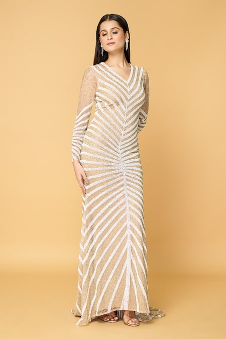 Buy_Samyukta Singhania_Beige Tulle, Polyester Cut Work, Sequins, Beads Cloud Chaser Embroidered Gown_Online_at_Aza_Fashions