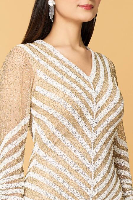 Shop_Samyukta Singhania_Beige Tulle, Polyester Cut Work, Sequins, Beads Cloud Chaser Embroidered Gown_Online_at_Aza_Fashions