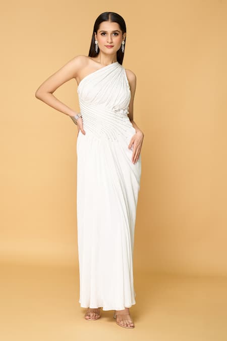 Khwaab by Sanjana Lakhani White Satin Hand Embroidered Bead Asymmetric Ivory Angel Maxi Dress