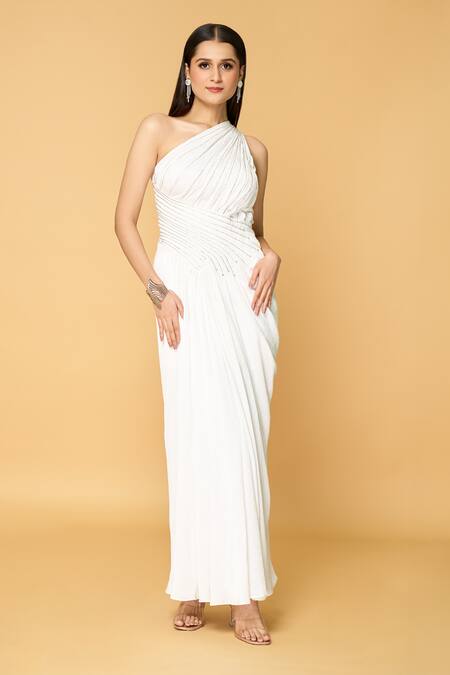 Samyukta Singhania_White Satin, Viscose Beads Asymmetric Ivory Angel Hand Embroidered Maxi Dress_Online_at_Aza_Fashions
