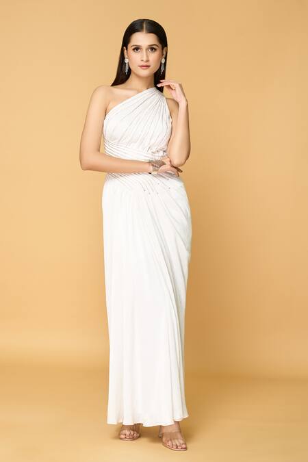 Buy_Samyukta Singhania_White Satin, Viscose Beads Asymmetric Ivory Angel Hand Embroidered Maxi Dress_Online_at_Aza_Fashions