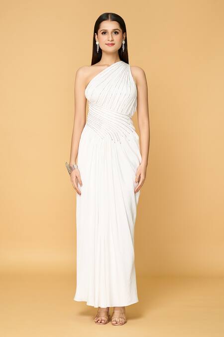 Samyukta Singhania_White Satin, Viscose Beads Asymmetric Ivory Angel Hand Embroidered Maxi Dress_at_Aza_Fashions