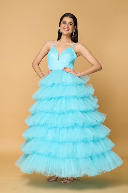 Samyukta Singhania_Blue Tulle, Viscose Ruffles Sweetheart Neck Dancing Daffodil Gown_Online_at_Aza_Fashions