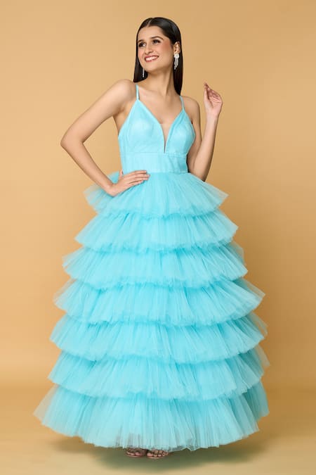 Buy_Samyukta Singhania_Blue Tulle, Viscose Ruffles Sweetheart Neck Dancing Daffodil Gown_Online_at_Aza_Fashions