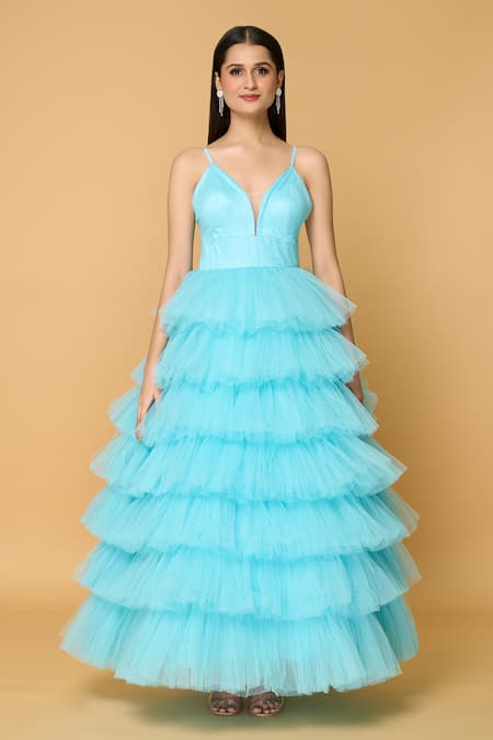 Samyukta Singhania_Blue Tulle, Viscose Ruffles Sweetheart Neck Dancing Daffodil Gown_at_Aza_Fashions