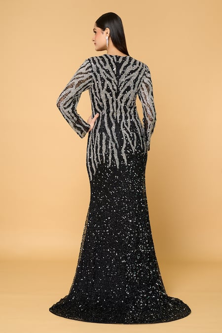 Shop Samyukta Singhania Black Tulle, Polyester Sequins, Beads V-neck Moonlight Mirage Embroidered Gown at Aza Fashions Shop_Samyukta Singhania_Black Tulle, Polyester Sequins, Beads V-neck Moonlight Mirage Embroidered Gown_at_Aza_Fashions