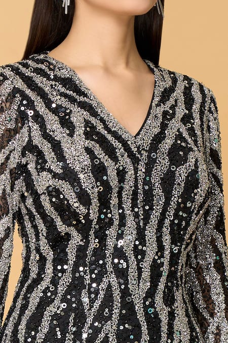 Shop Samyukta Singhania Black Tulle, Polyester Sequins, Beads V-neck Moonlight Mirage Embroidered Gown Online at Aza Fashions Shop_Samyukta Singhania_Black Tulle, Polyester Sequins, Beads V-neck Moonlight Mirage Embroidered Gown_Online_at_Aza_Fashions