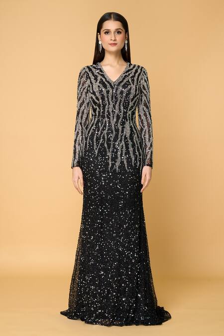 Samyukta Singhania Black Tulle, Polyester Sequins, Beads V-neck Moonlight Mirage Embroidered Gown at Aza Fashions Samyukta Singhania_Black Tulle, Polyester Sequins, Beads V-neck Moonlight Mirage Embroidered Gown_at_Aza_Fashions