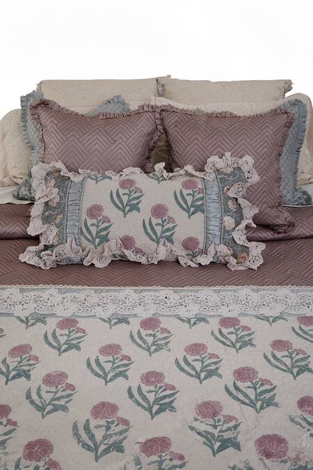 Diva Riche_Pink Cotton Floral Eve Parisian King Bedding Set_Online_at_Aza_Fashions
