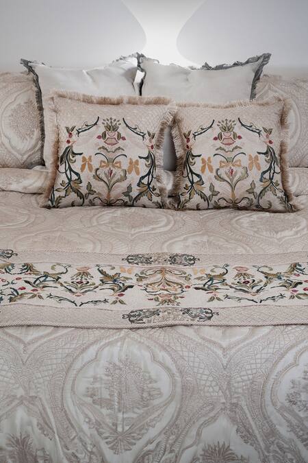 Diva Riche_Cream , Dupion Marlena And Lace Embroidered Bedding Set_Online_at_Aza_Fashions